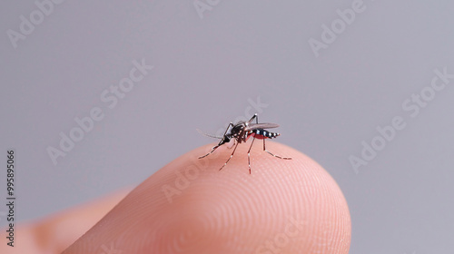 Close-up of a mosquito perched on human skin.