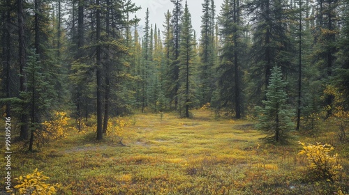 Wallpaper Mural A serene autumn landscape in a lush forest with vibrant yellow foliage and tall green pine trees under a cloudy sky Torontodigital.ca