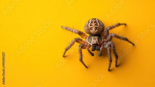 A highly detailed and well-focused image of a spider positioned on a vibrant yellow surface, emphasizing the spider's patterned body and extended legs. photo