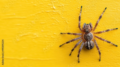 This photograph showcases the top view of a spider with its legs splayed out, set against a bright yellow background, offering a clear and textured depiction of the spider. photo