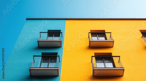 A vibrant building exterior featuring split blue and yellow colors, complemented by small white balconies, set against a clear blue sky backdrop. photo