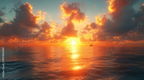 Sunset over calm ocean waters with clouds reflecting vibrant colors.