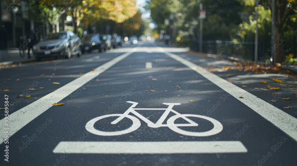 Obraz premium bike lane marked on city street, surrounded by autumn foliage and parked cars, promotes safe cycling. vibrant colors of leaves add warm touch to urban setting