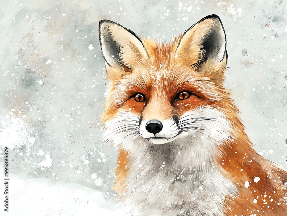 Obraz premium A beautiful watercolor illustration of a red fox in a snowy winter setting with a soft background.