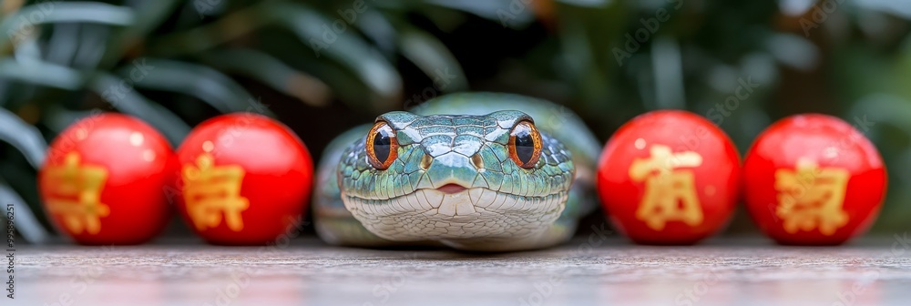 Fototapeta premium Green Snake with Orange Eyes Surrounded by Red Chinese New Year Decorations with Symbol for Luck