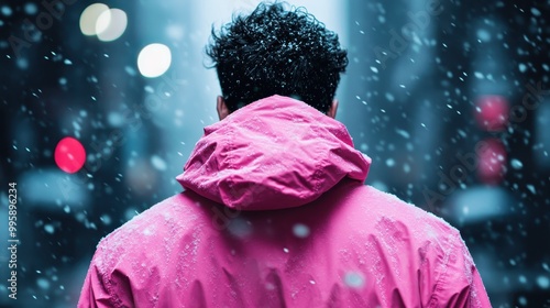 A person wearing a pink jacket is seen from behind walking through a snowy urban setting, with streetlights and buildings creating a vibrant backdrop of city life. photo