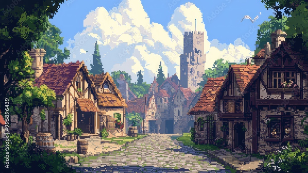 Obraz premium A Pixelated Medieval Village Street Scene with a Tall Tower