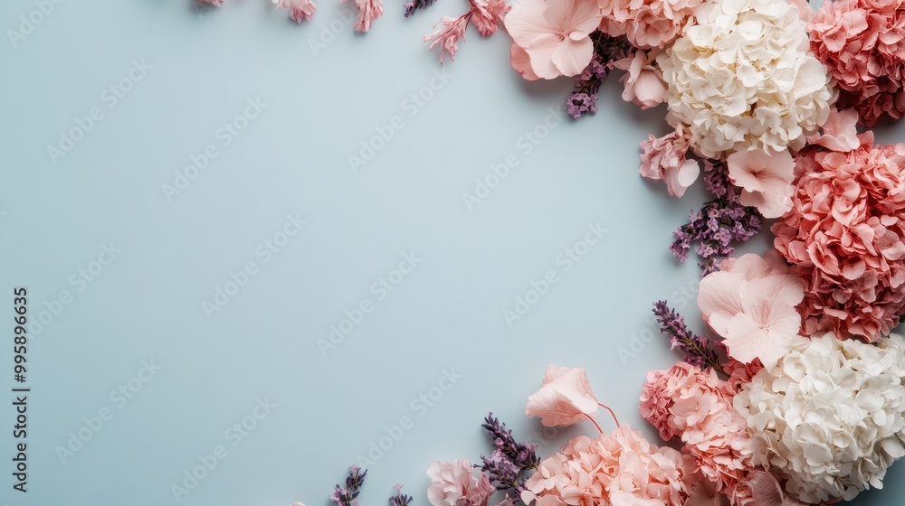 This image showcases a sophisticated arrangement of pink and white flowers with green accents on a light blue background, creating a fresh and delicate aesthetic. This image showcases a sophisticated arrangement of pink and white flowers with green accents on a light blue background, creating a fresh and delicate aesthetic.