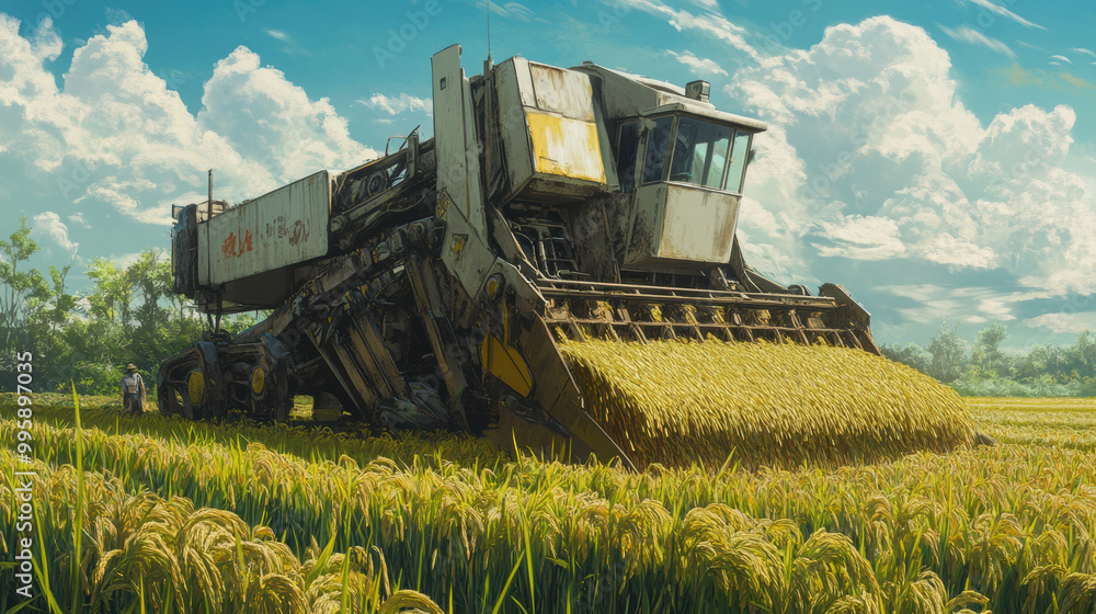 Fototapeta premium combine harvester working in lush rice field under bright blue sky, showcasing beauty of agricultural machinery in action. scene captures essence of farming life