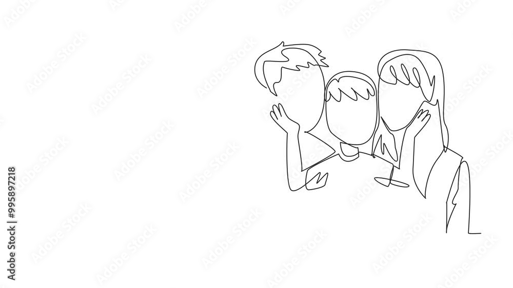 Animated self drawing of single one line drawing a family sitting, a boy stroking his parents' cheek. Understanding each other and giving warmth. Forgive Mom and Dad Day. Full length animation Animated self drawing of single one line drawing a family sitting, a boy stroking his parents' cheek. Understanding each other and giving warmth. Forgive Mom and Dad Day. Full length animation