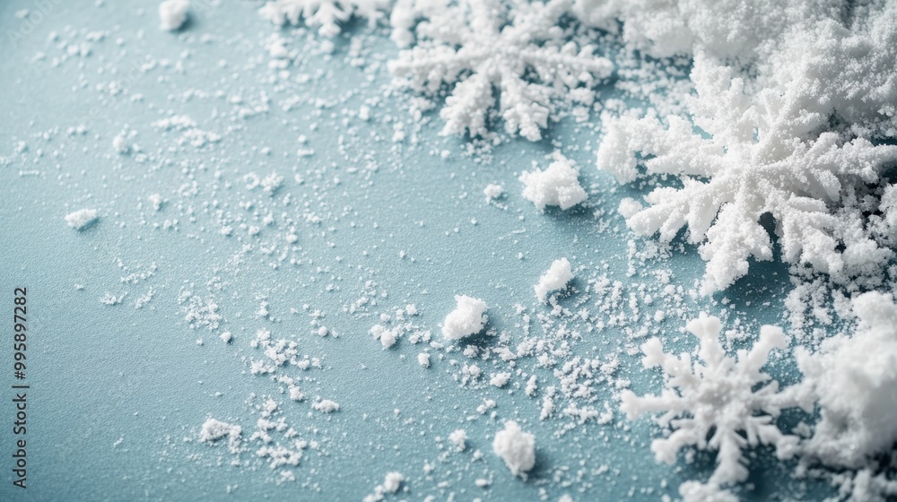 Fototapeta premium A macro view captures the fine details of white snowflakes resting on a smooth blue background, emphasizing their unique formations and wintery charm in a serene setting.