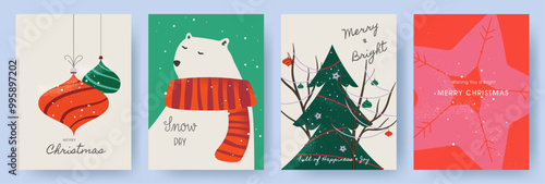 Merry Christmas and Happy New Year greeting card Set. Modern Xmas design with typography, christmas trees, snowflakes, balls and bear. Minimal art style. Xmas illustration for poster, banner, cover.