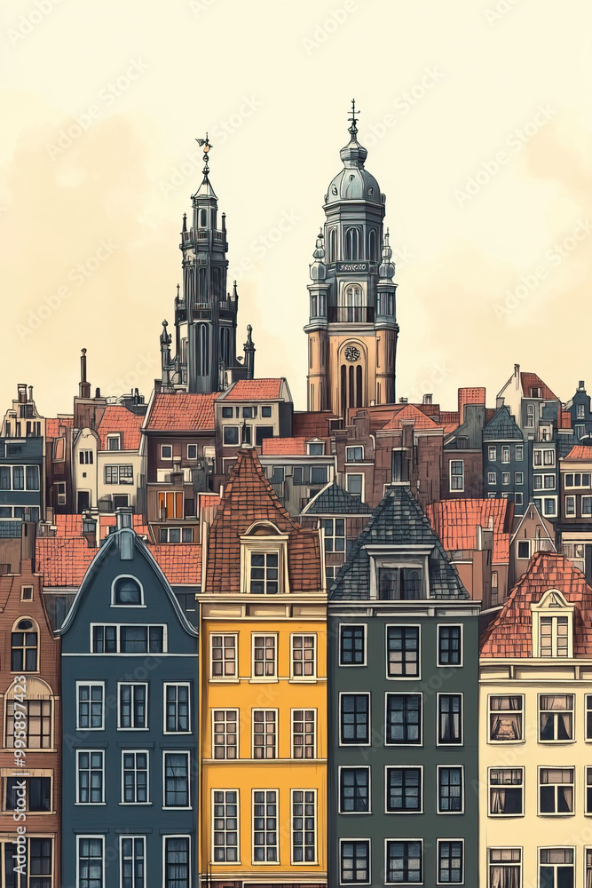 Obraz premium Utrecht, Netherlands, color pen pencil hand-drawn effect drawing illustration for travel poster, card, wallpaper, backdrop or banner. Modern, clear, artistic and simple
