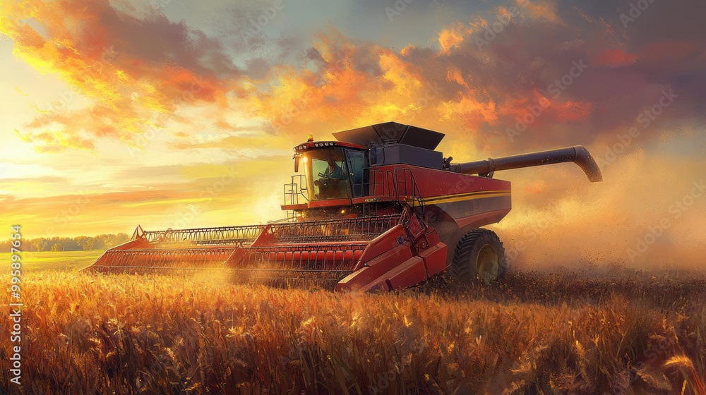 Fototapeta premium combine harvester operates in golden field during sunset, showcasing beauty of agricultural machinery in action. vibrant colors of sky enhance scenes emotional appeal