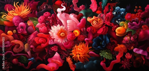 Wallpaper Mural A colorful and vibrant abstract painting featuring a variety of floral and organic shapes against a dark background. Torontodigital.ca