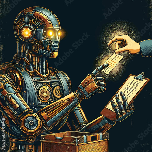 space-age robot with vintage metallic textures illusration