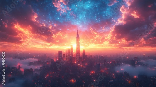 A vibrant sunset over a futuristic city skyline with clouds.