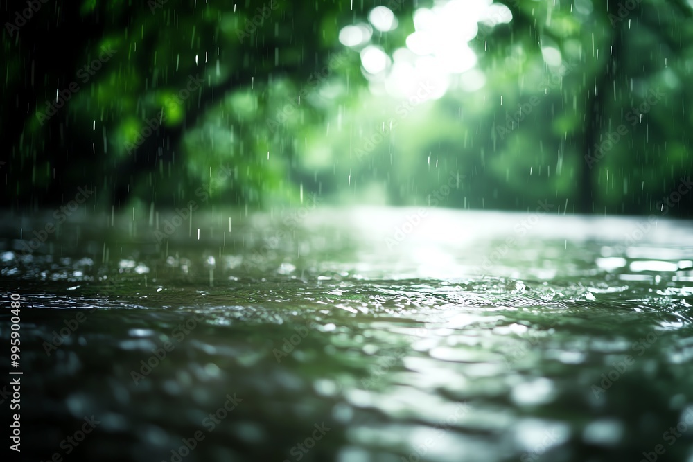 Fototapeta premium Blurred image of a rainy day in a lush forest, focusing on raindrops hitting the water, creating a serene and peaceful landscape.