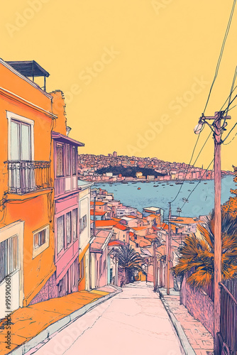 Valparaso, Chile, color pen pencil hand-drawn effect drawing illustration for travel poster, card, wallpaper, backdrop or banner. Modern, clear, artistic and simple photo