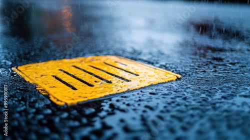 The image features a yellow drain cover on a rain-soaked pavement, showcasing urban infrastructure under wet weather conditions with reflections and textures. photo