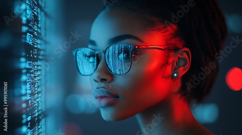 AI cyber security threat illustration, black african american female IT specialist analysing data information technology, augmented reality artificial intelligence collage, side profile, copy space