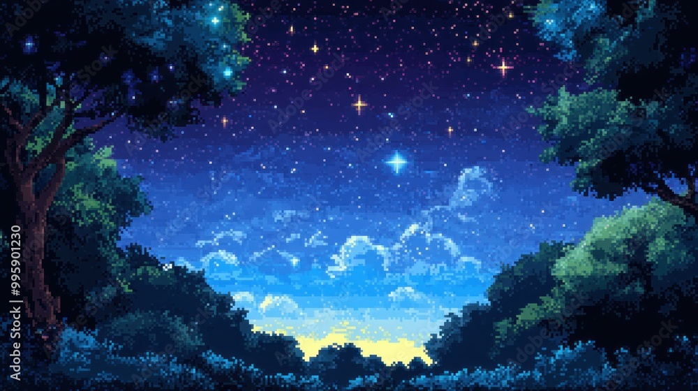 Pixelated Night Sky with Trees and Stars Pixelated Night Sky with Trees and Stars