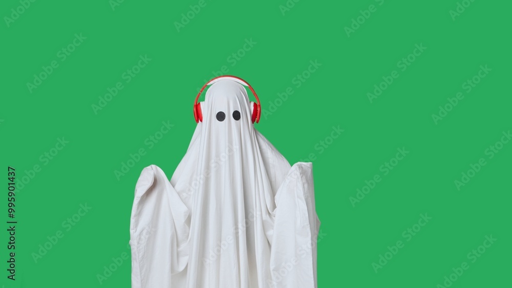 Funny halloween ghost in white sheet wearing headphone dancing listening music, isolated on chroma key green screen background. Happy halloween spooky concept Funny halloween ghost in white sheet wearing headphone dancing listening music, isolated on chroma key green screen background. Happy halloween spooky concept