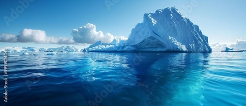 A large iceberg floats in a deep blue ocean under a cloudy sky, surrounded by smaller icebergs. The scene conveys tranquility and vastness as the iceberg melts into the ocean,