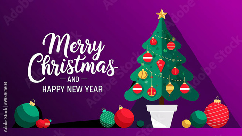 Merry Christmas and Happy New Year card christmas tree is placed in a white pot  also Christmas balls in different sizes and colors decorations on purple background