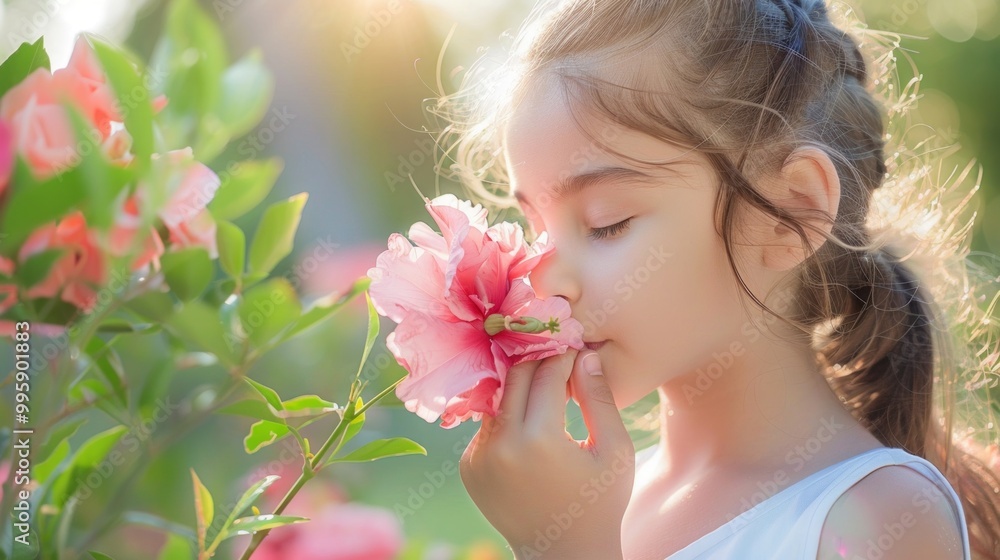A young girl in a white dress enjoying a pink rose in a garden. Serene and joyful atmosphere with sunlit background and blurred surroundings. A young girl in a white dress enjoying a pink rose in a garden. Serene and joyful atmosphere with sunlit background and blurred surroundings.