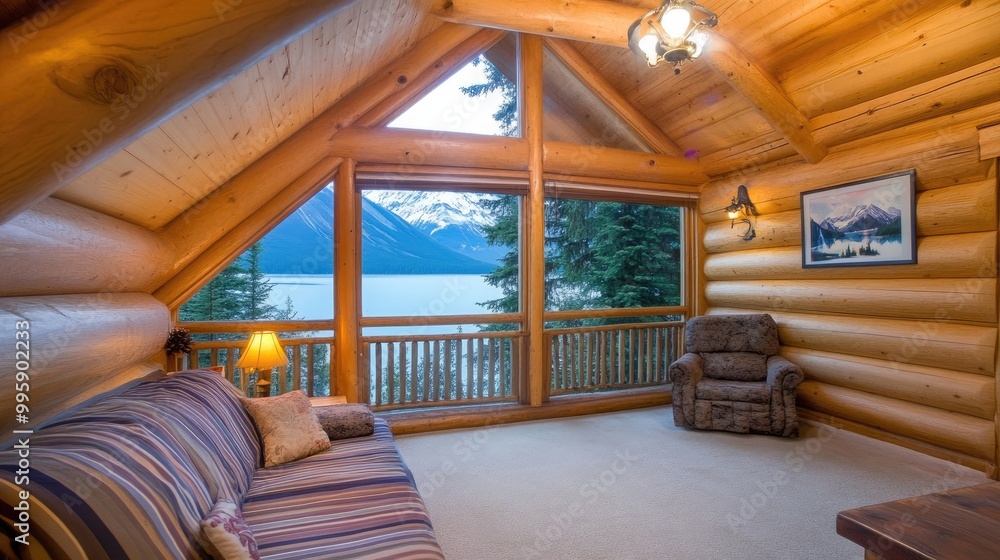 Naklejka premium A soft, inviting bed with a blanket overlooks a peaceful lake surrounded by trees, creating a calm atmosphere in the early morning light.