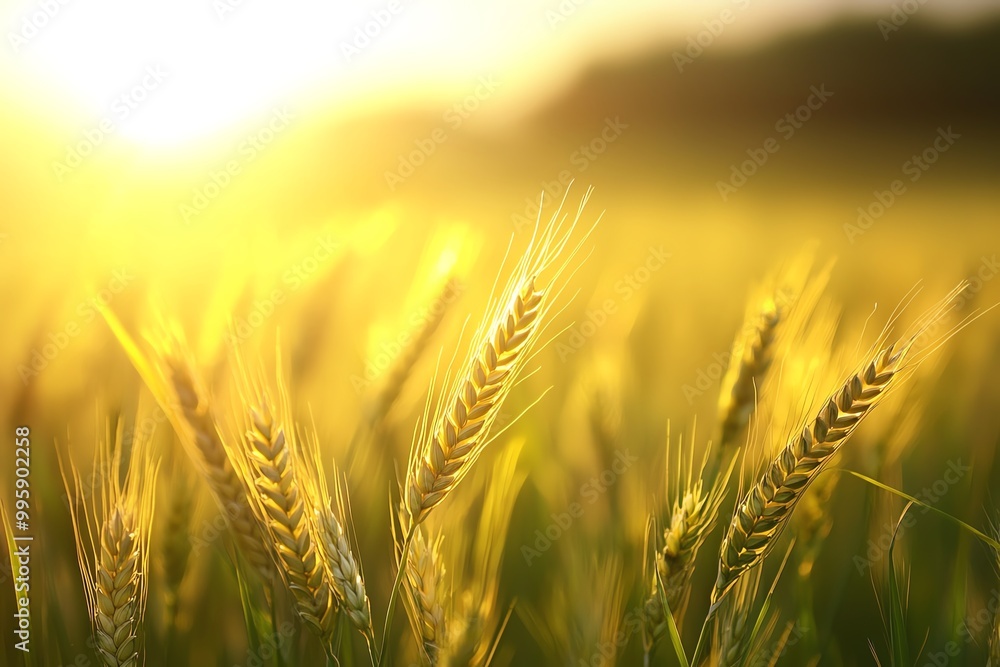Golden wheat field at sunset, with sunlight illuminating the ears of wheat, representing agriculture, nature, and rural scenery. Golden wheat field at sunset, with sunlight illuminating the ears of wheat, representing agriculture, nature, and rural scenery.