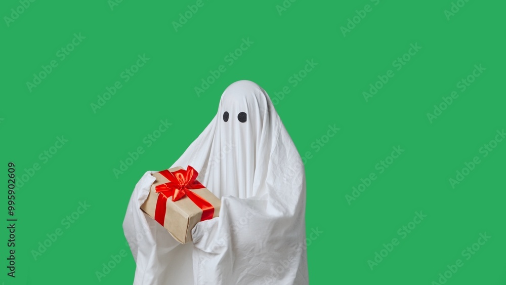 Funny halloween ghost in white sheet holding gift box, happy expression, isolated on chroma key green screen background. Happy halloween spooky concept. Funny halloween ghost in white sheet holding gift box, happy expression, isolated on chroma key green screen background. Happy halloween spooky concept.