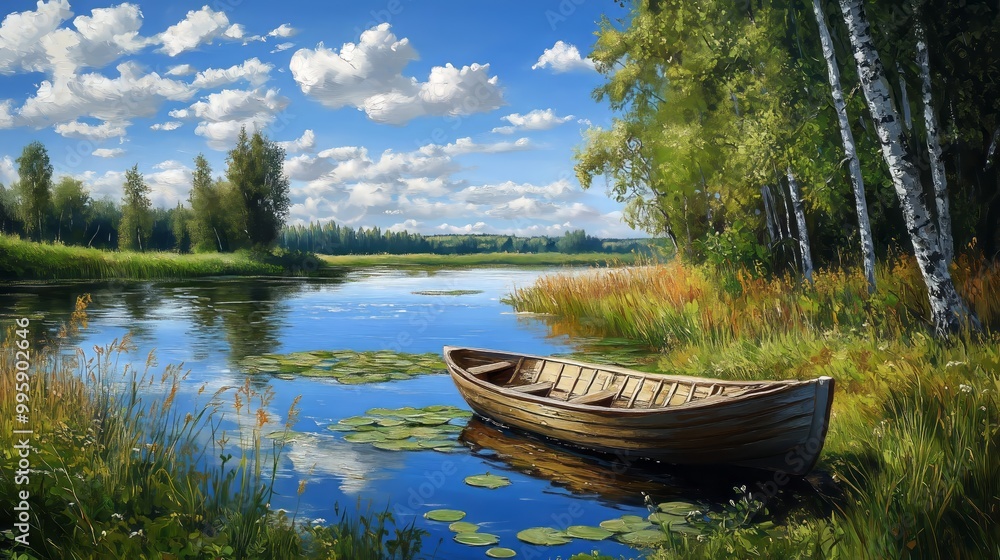 A beautiful painting of the Russian landscape, a small wooden boat on the river bank among birches and grasses, lily pads in the water, trees, a sunny day, a blue sky with clouds, bright colors, A beautiful painting of the Russian landscape, a small wooden boat on the river bank among birches and grasses, lily pads in the water, trees, a sunny day, a blue sky with clouds, bright colors,