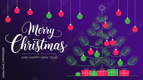 A happy Merry Christmas and New Year card with a green Christmas tree decorated with Christmas balls and a purple background Christmas balls of varying sizes hanging from the tree