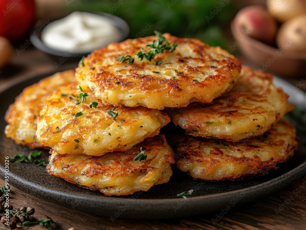 Delicious Hanukkah latkes photos showcasing traditional potato pancakes served with applesauce and sour cream Delicious Hanukkah latkes photos showcasing traditional potato pancakes served with applesauce and sour cream