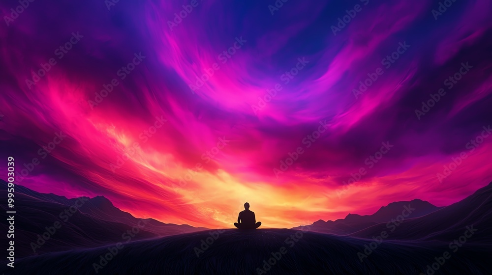 Fototapeta premium Person meditating under vibrant sunset sky, depicting calm and tranquility. Beautiful colors merging in the horizon with a serene silhouette.
