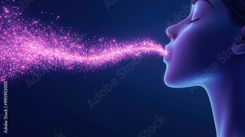 A serene portrait of a woman exhaling magical sparkles in a dark background, symbolizing creativity and imagination, deep breathing