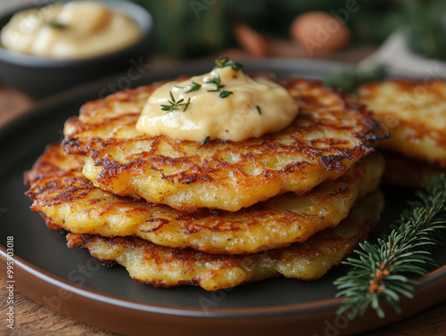 Delicious Hanukkah latkes photos showcasing traditional potato pancakes served with applesauce and sour cream photo