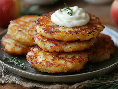 Delicious Hanukkah latkes photos showcasing traditional potato pancakes served with applesauce and sour cream photo