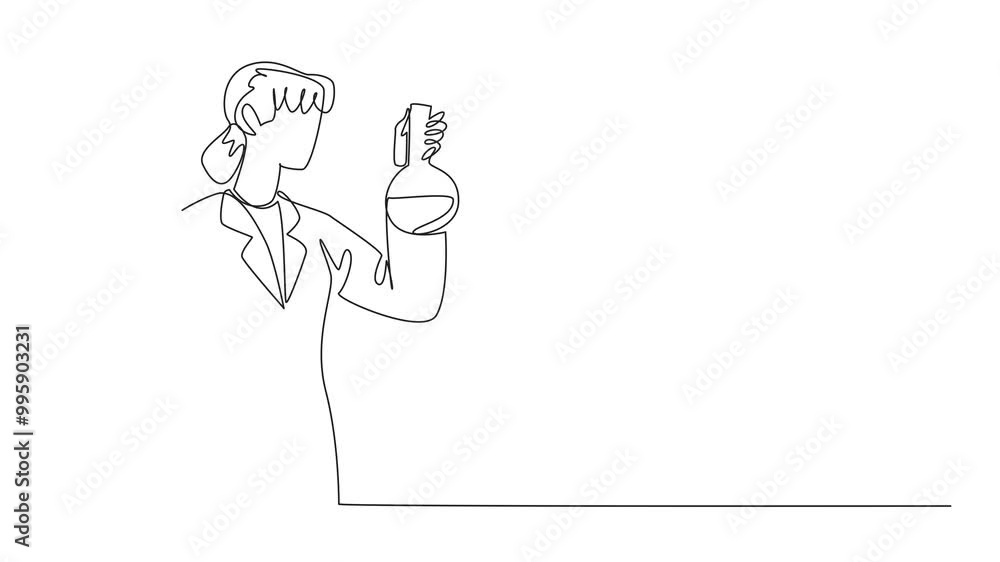 Self drawing animation of single line drawing female scientist holding test tube and measuring flask. Working in the lab. Testing to develop vaccines. Celebrate Scientists Day. Full length animated Self drawing animation of single line drawing female scientist holding test tube and measuring flask. Working in the lab. Testing to develop vaccines. Celebrate Scientists Day. Full length animated