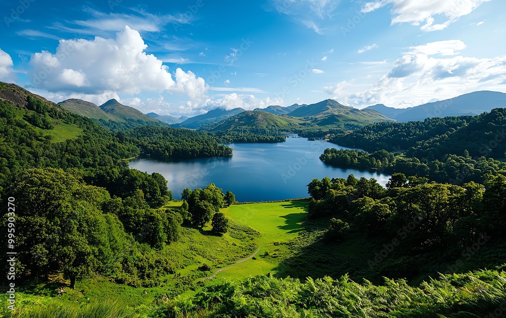 Serene lake amidst verdant hills and lush greenery under a bright blue sky with scattered clouds on a sunny day. Serene lake amidst verdant hills and lush greenery under a bright blue sky with scattered clouds on a sunny day.