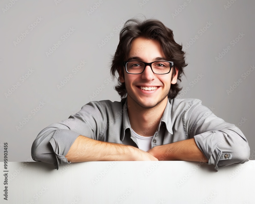 Smiling Young Man with Glasses and Casual Shirt Posing Against Neutral Background Smiling Young Man with Glasses and Casual Shirt Posing Against Neutral Background