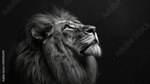 A majestic lion with a thick mane, looking up, in black and white