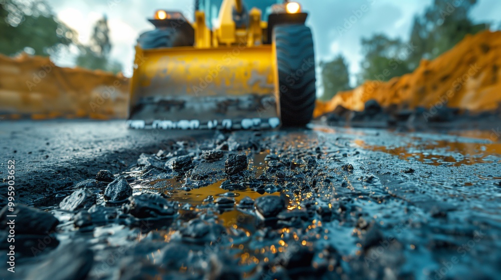 Heavy machinery is actively repairing a rural road, smoothing freshly laid asphalt while surrounded by construction materials and scenery Heavy machinery is actively repairing a rural road, smoothing freshly laid asphalt while surrounded by construction materials and scenery