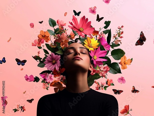 Serene woman with closed eyes surrounded by butterflies and vibrant flowers on a soft pink background, embracing nature and inner peace.