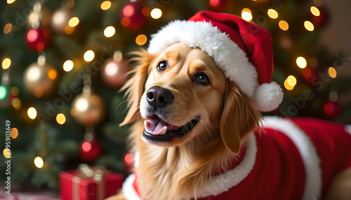 Golden Retriever in Festive Santa Claus Costume Surrounded by Twinkling Christmas Lights and Joyful Holiday Decorations