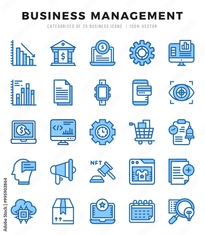 Set of Business Management Icons. Simple Two Color art style icons pack. Set of Business Management Icons. Simple Two Color art style icons pack.