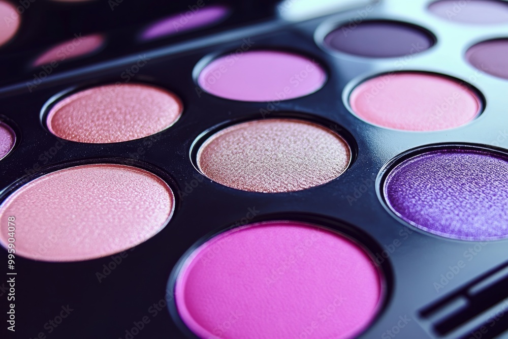 Professional makeup palette with a mix of shimmery and matte eyeshadow tones in soft pinks and purples arranged in circular pans for easy access and artistic makeup application Professional makeup palette with a mix of shimmery and matte eyeshadow tones in soft pinks and purples arranged in circular pans for easy access and artistic makeup application