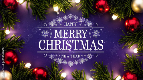 A card with the text "Happy Merry Christmas" and "New Year" on a purple background there are Christmas balls and green leaves from a Christmas tree